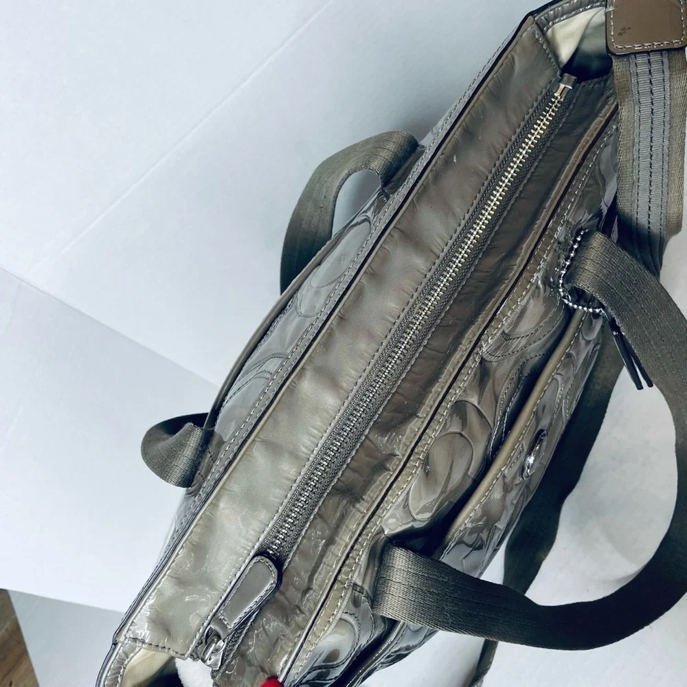 COACH 16977 Rare Gray Signature Patent Leather Tote Travel Diaper Bag